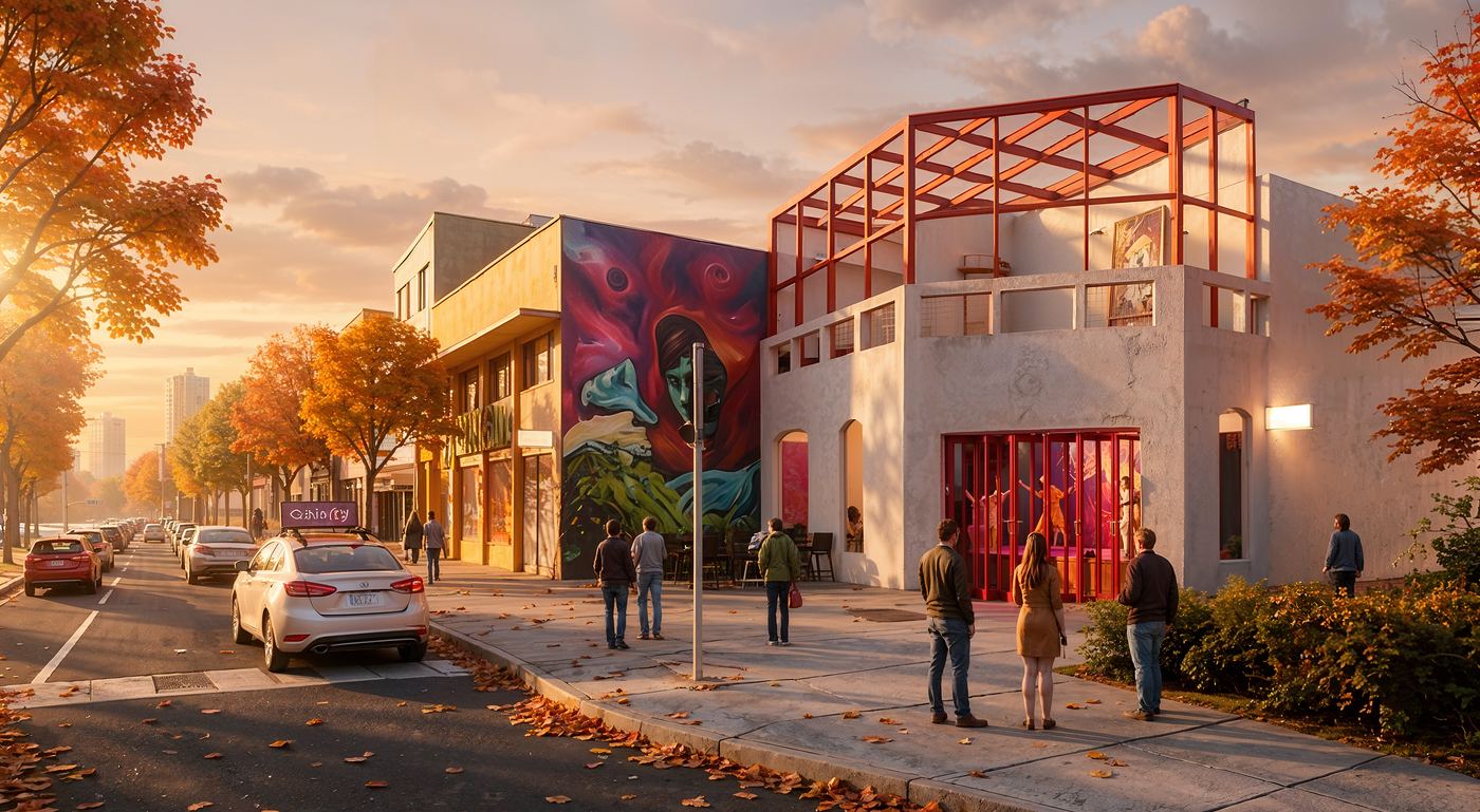 Render arquitectónico 1 — esquina comercial con mural