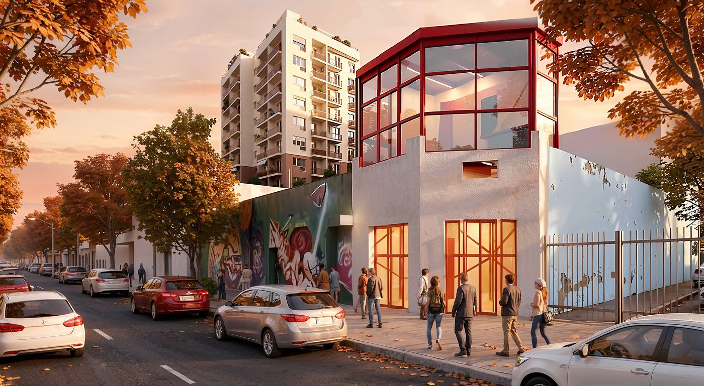 Render arquitectónico 2 — volumen acristalado sobre fachada de hormigón