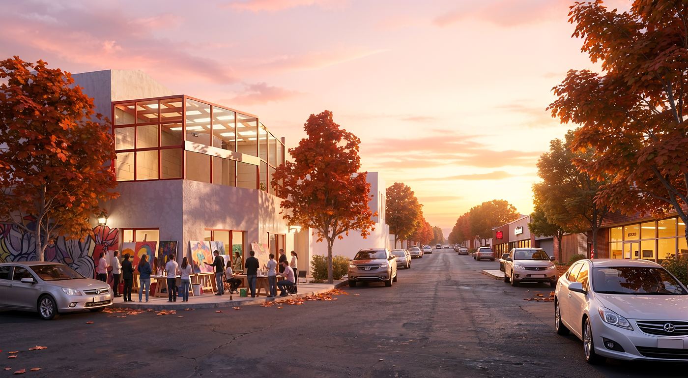 Render arquitectónico 3 — atardecer en calle arbolada
