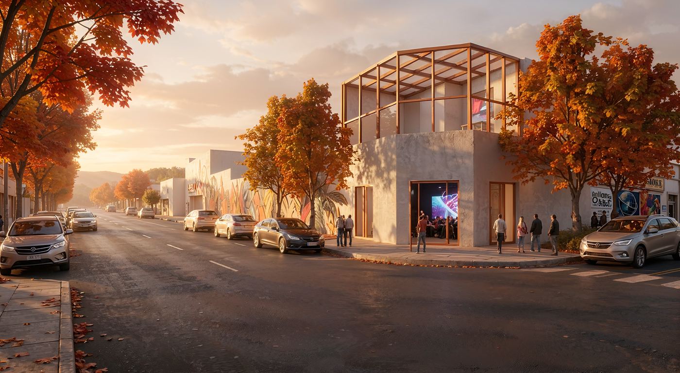 Render arquitectónico 4 — fachada roja con edificio residencial de fondo