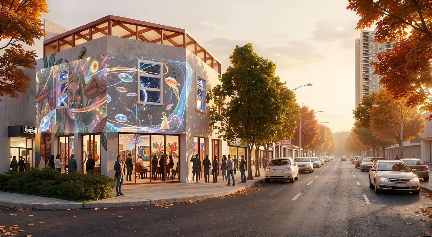Render arquitectónico 5 — interior iluminado con mural exterior